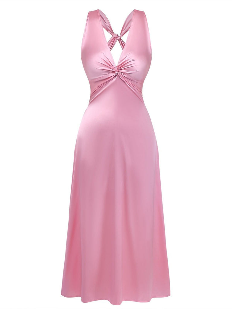 Pink 1930s Satin V-Neck Twist Midi Dress