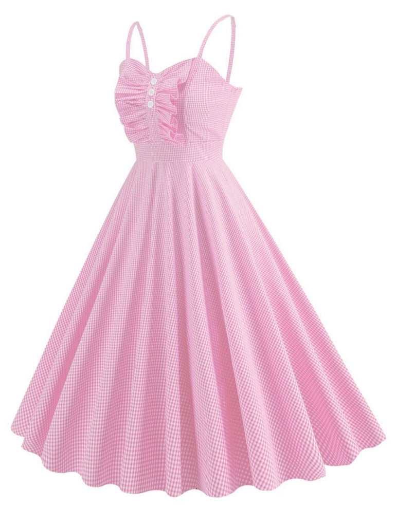 1950s Spaghetti Strap Plaids Button Swing Dress