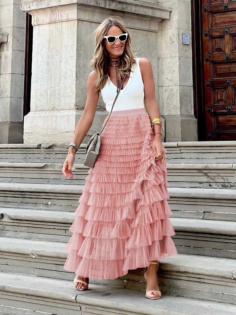 1940s Tiered Mesh Ruffle A-Line Solid Skirt