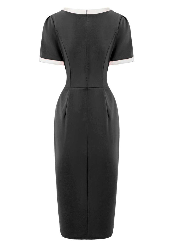 1960s Round Neck Colorblock Bow Bodycon Dress