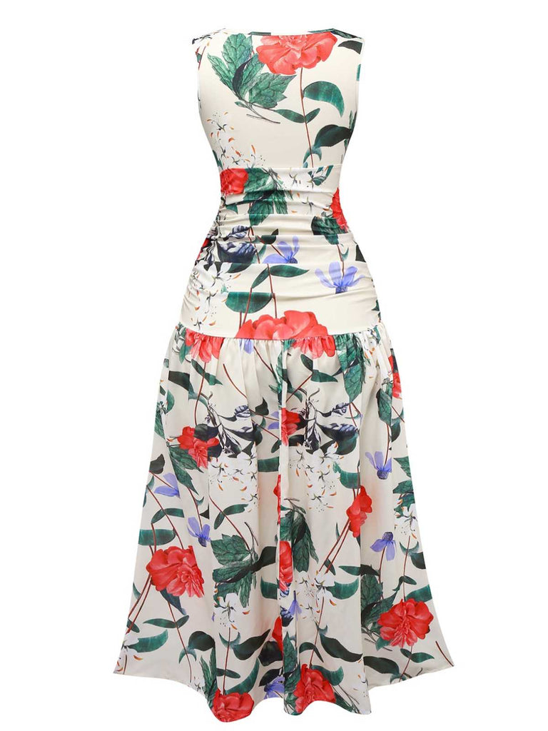 1940s V-Neck Floral Ruched Sleeveless Dress