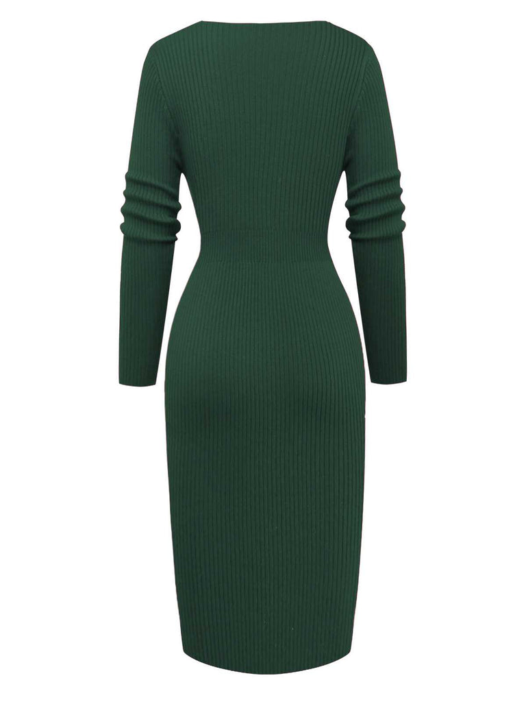 1960s V-Neck Ribbed Knit Button Bodycon Dress