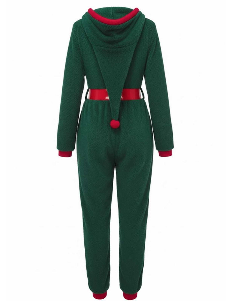Green 1970s Christmas Sherpa Hooded Jumpsuit Pajama
