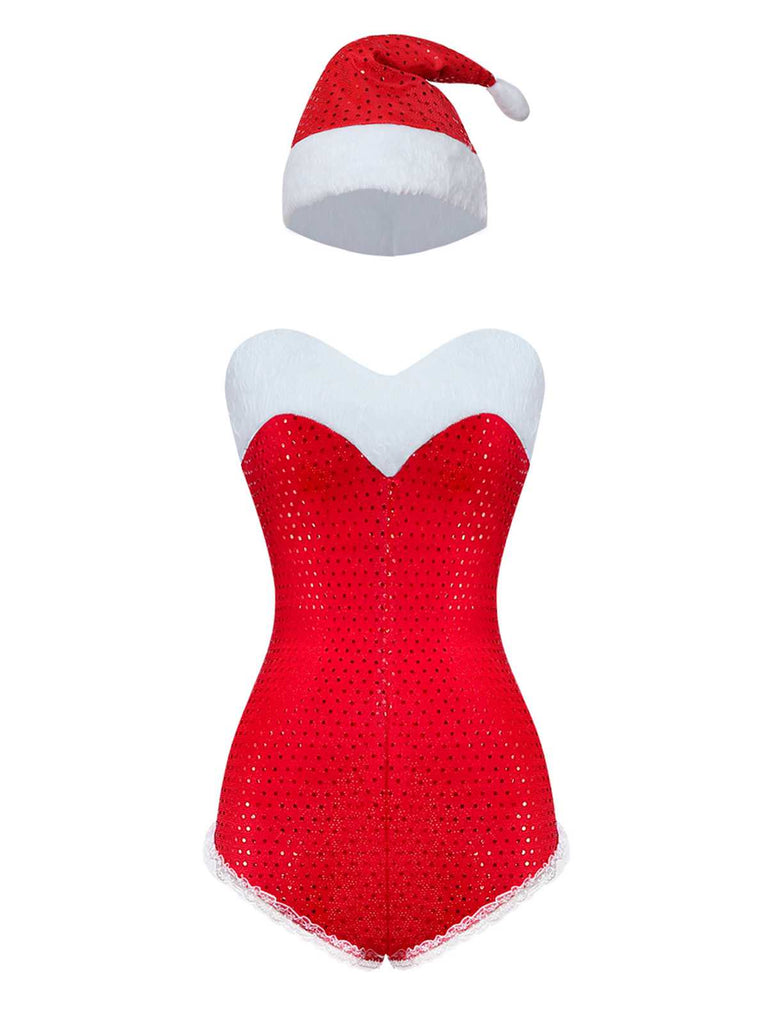1980s Sequin Christmas Strapless Romper With Hat & Boot Covers