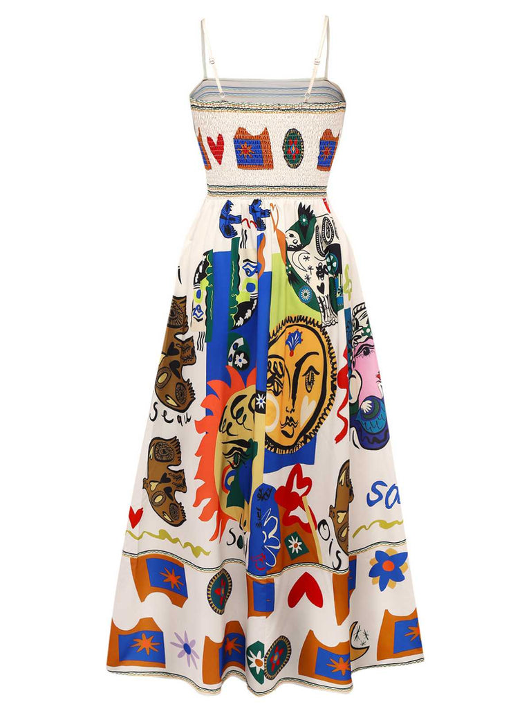 Multicolor 1970s Spaghetti Strap Graffiti Print Dress