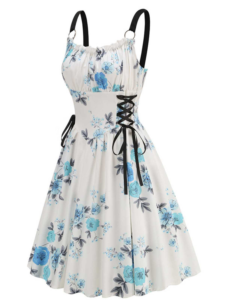 1950s Strap Floral Butterflies Lace-Up Corset Dress