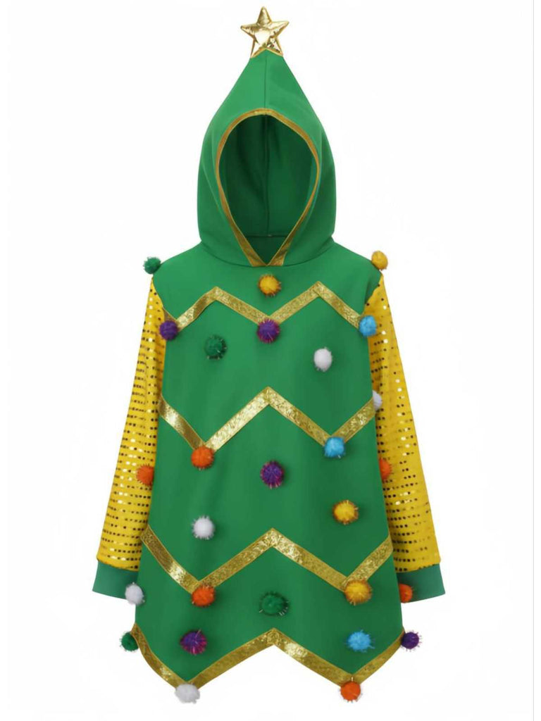 1950s Christmas Tree Hoodie With Colorful Pom Poms
