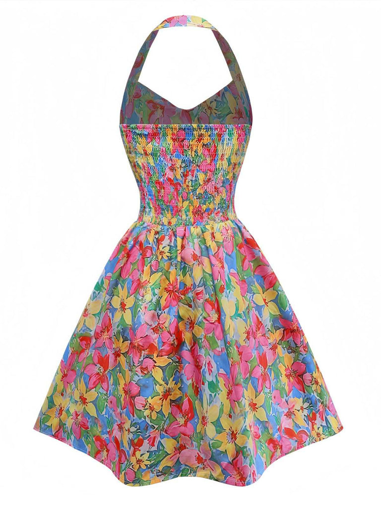 Multicolor 1960s Halter Floral Bow Heart Dress