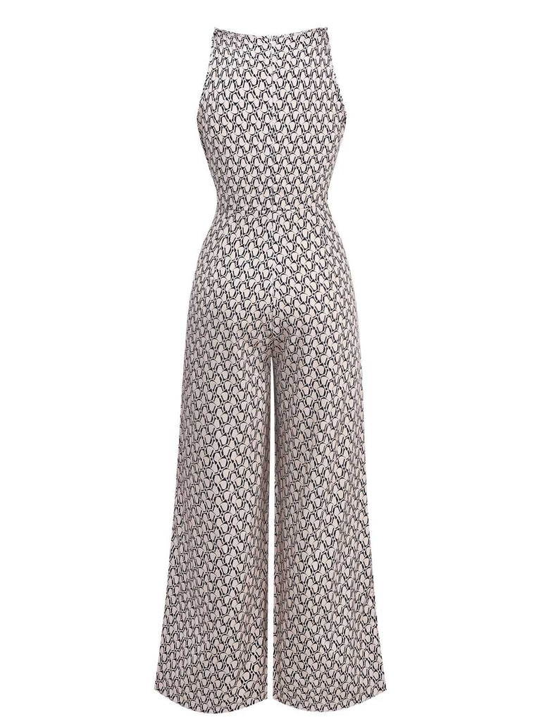 1970s Sleeveless Geometric Print Waist Bow Jumpsuit