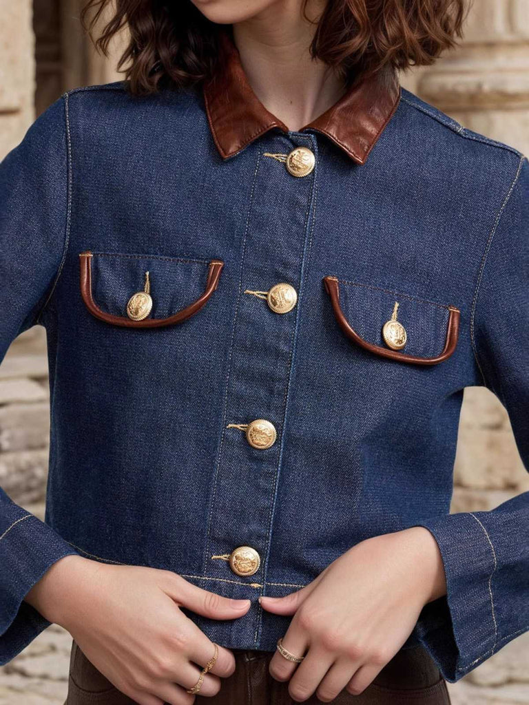 1950s Leather Collar Pocket Denim Jacket