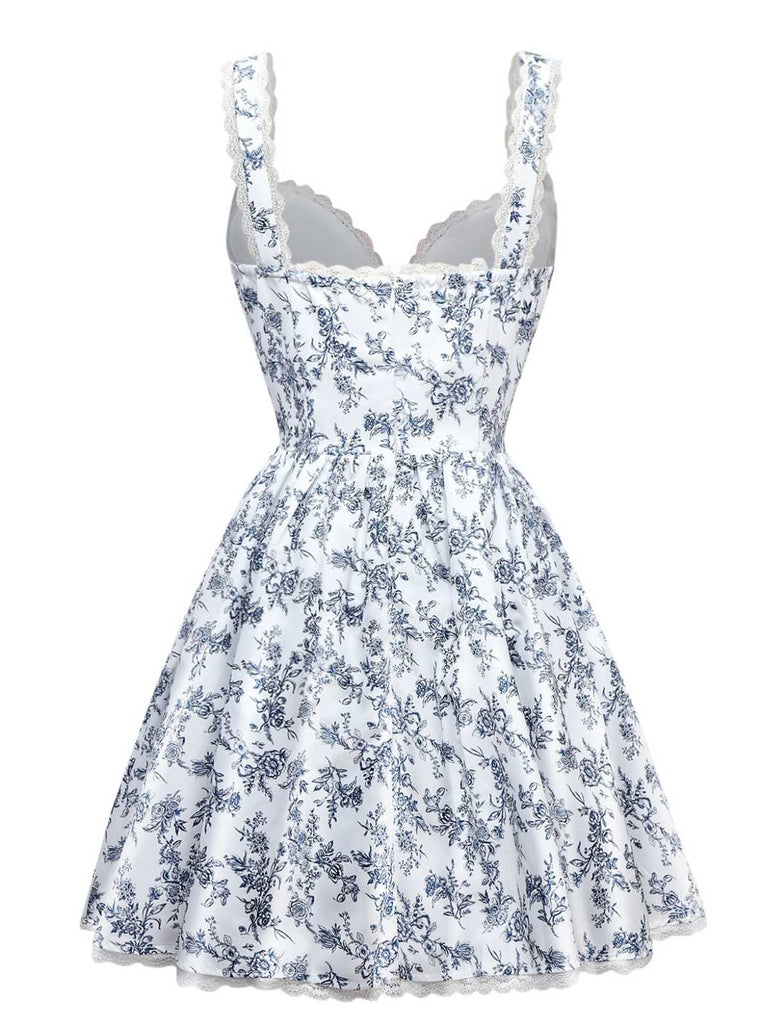 Blue 1950s Strap Floral Lace Corset Dress