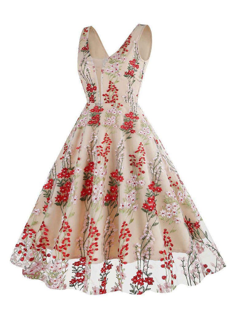 1950s Embroidered Floral V-Neck Swing Dress