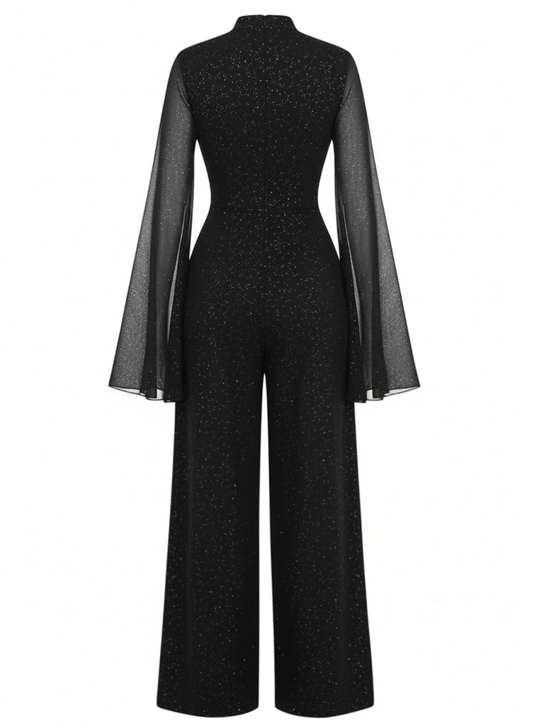 [Pre-Sale] Black 1930s Sparkly Cutout Jumpsuit with Cape