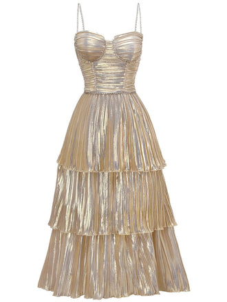 Gold 1930s Metallic Tiered Spaghetti Strap Dress