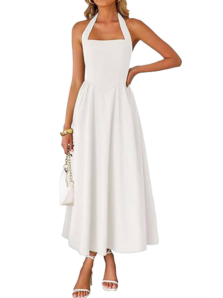 1940s Solid Wide-Strap Halter Backless Dress