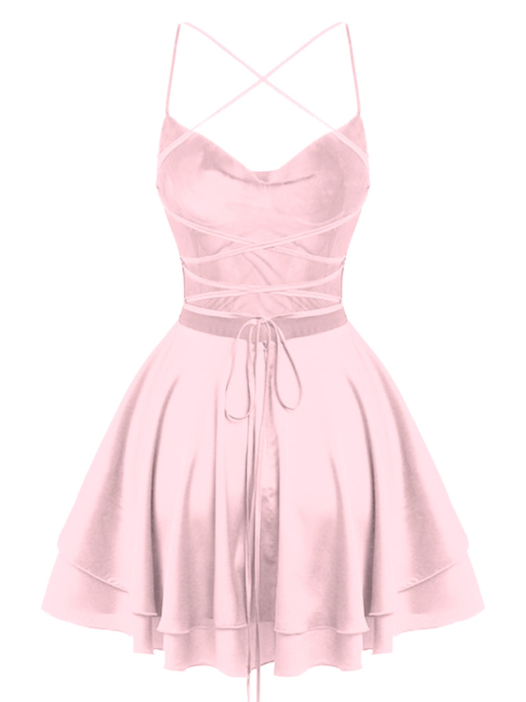 1960s Solid Satin Back Lace-Up Mini Dress