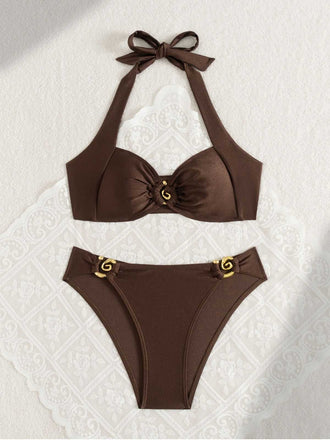 Brown 1950s Golden Ring Halter Bikini Set