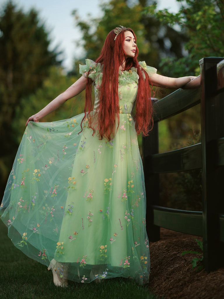 Green 1930s Floral Embroidered Mesh Strapless Dress