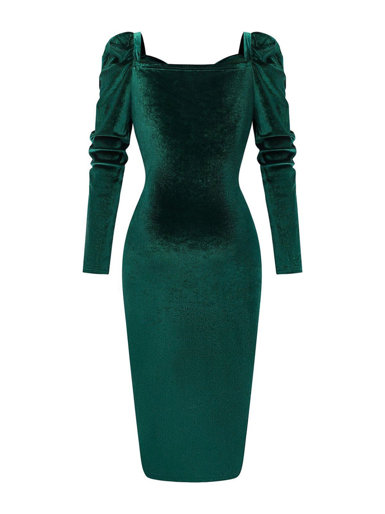 Green 1960s Velvet Ruched Long Sleeve Bodycon Dress