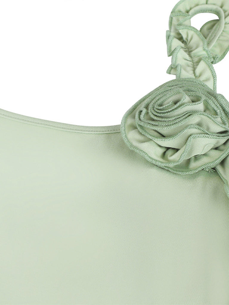 Green 1930s Spaghetti Strap 3D Flower Maxi Dress