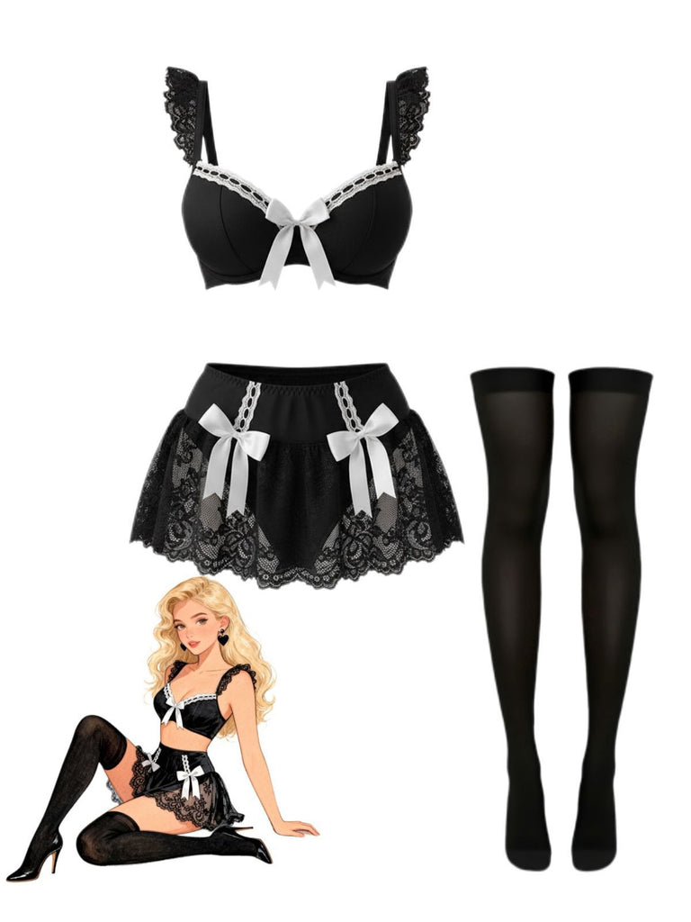 1980s Lace Bow Maid Costume Loungewear Set