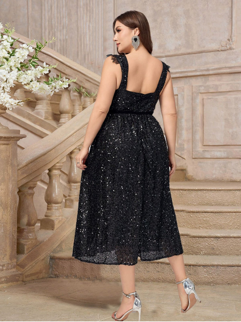 [Plus Size] Black 1940s Sequined Lace Sweetheart Neck Dress