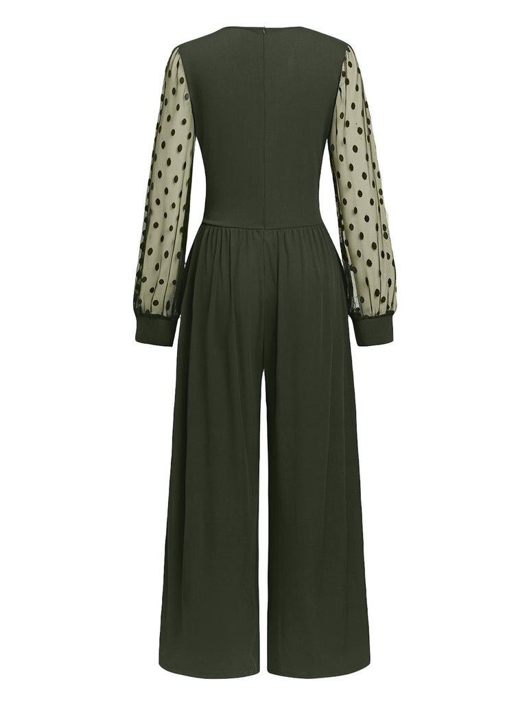 Olive Green 1950s V-Neck Sheer Polka Dot Sleeve Jumpsuit
