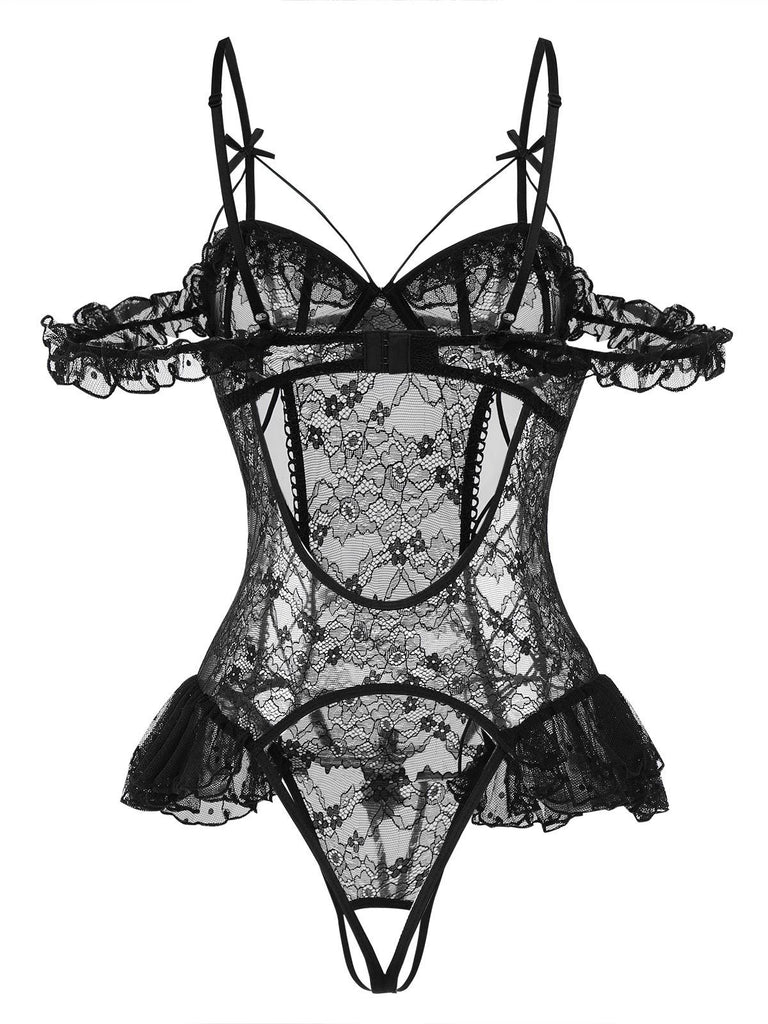 1980s Solid Lace Sheer Bodysuit Nighties