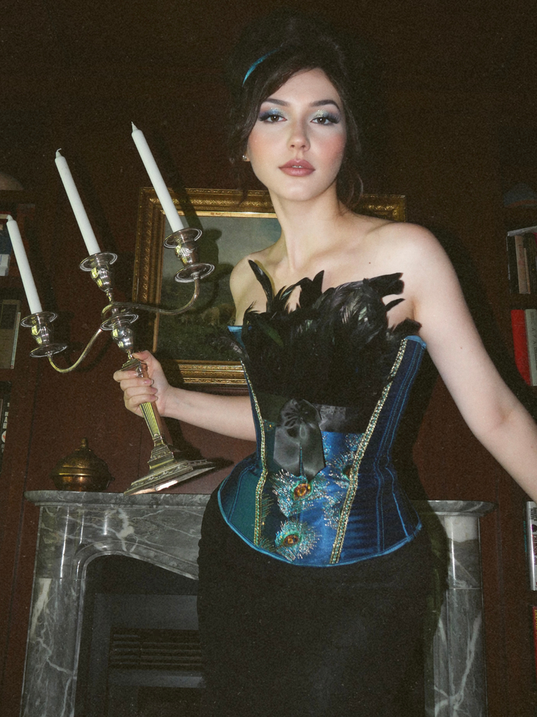 Teal 1930s Peacock Feather Embroidered Corset