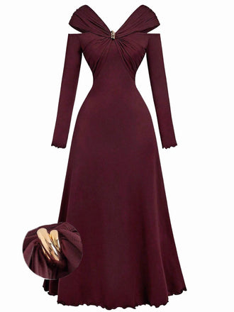 Burgundy 1940s Off-Shoulder Long Sleeve Pleated Dress