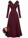 Burgundy 1940s Off-Shoulder Long Sleeve Pleated Dress