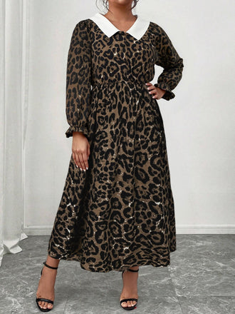 [Plus Size] 1970s Leopard Print Lapel Long Sleeve Dress