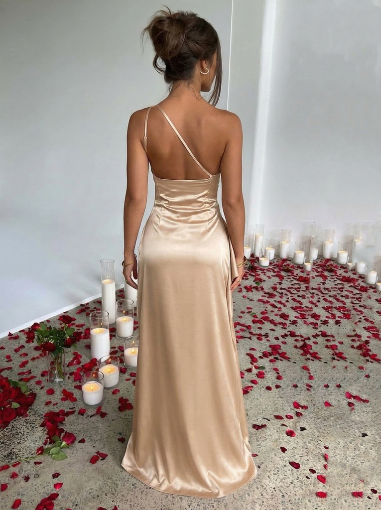 1960s One Shoulder Ruched Slit Satin Dress