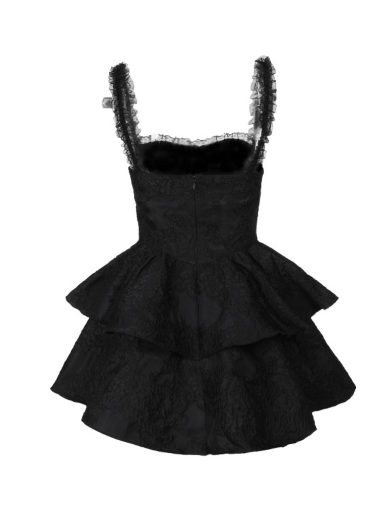 Black 1950s Square Neck Lace Print Cross Bubble Dress