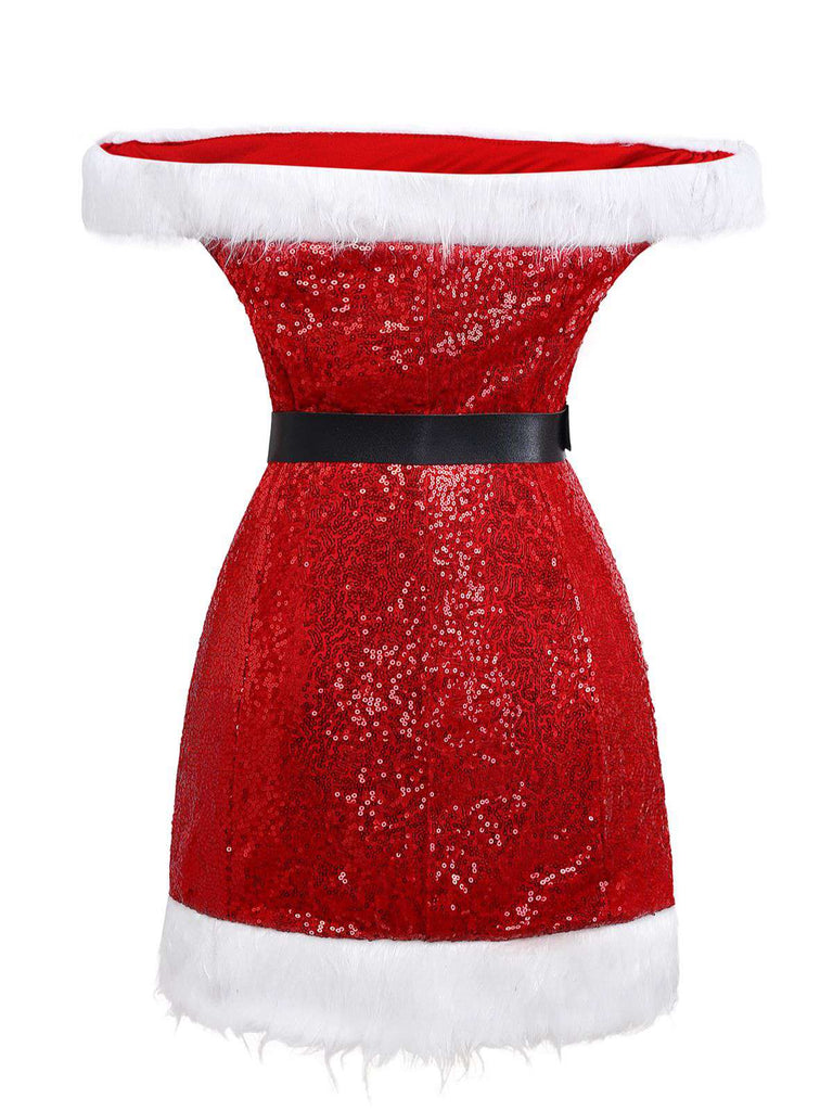 Red 1970s Christmas Sequined Off-Shoulder Plush Trim Dress