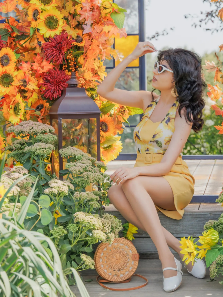 Yellow 1950s Sunflower Halter Romper