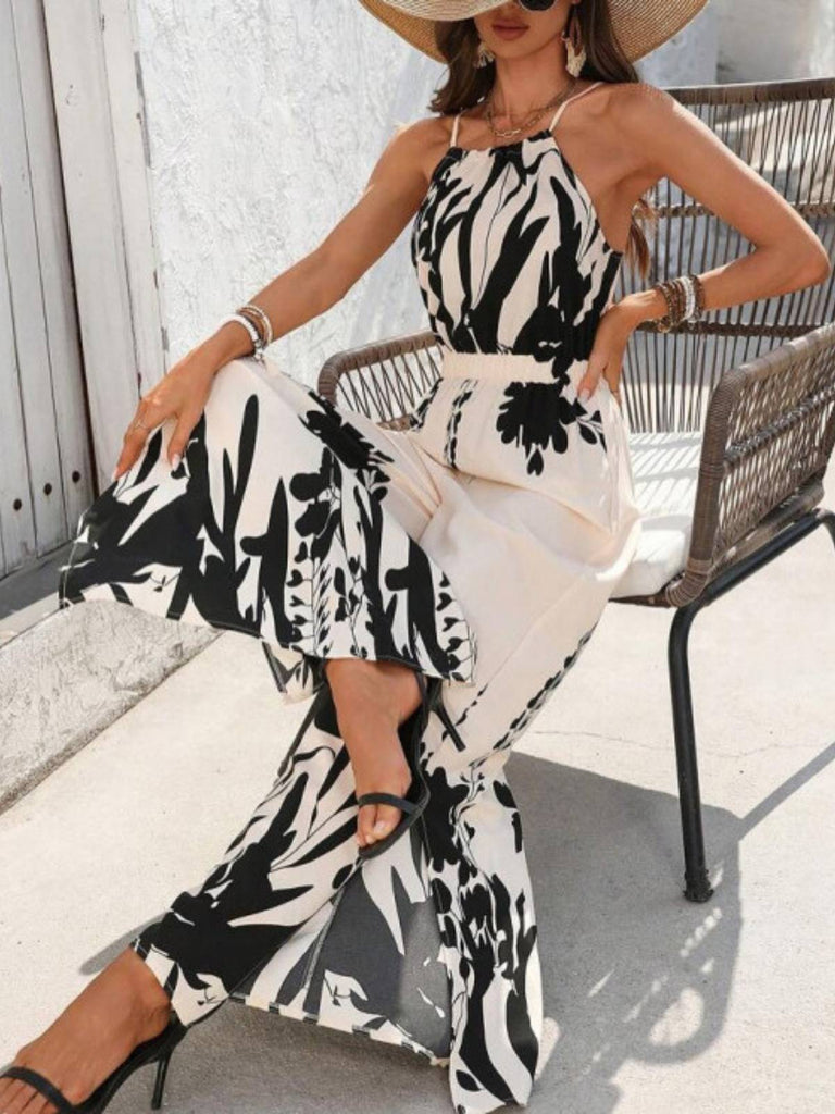 White 1930s Silhouette Plants Spaghetti Straps Jumpsuit