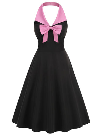 Black 1950s Halter Bow Patchwork A-line Dress