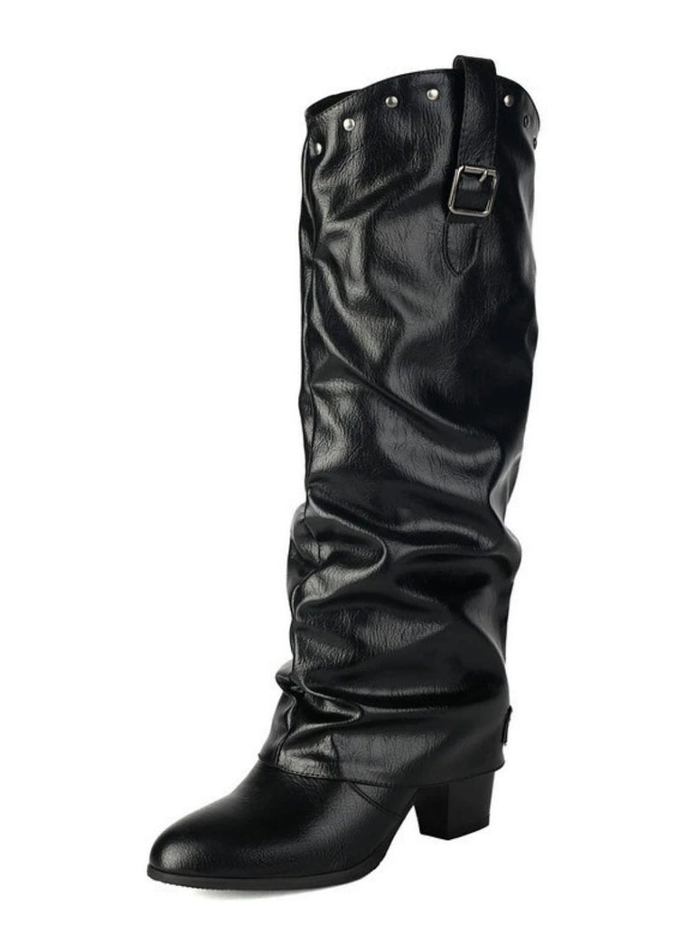 Vintage Studded Buckle Mid-Calf Boots