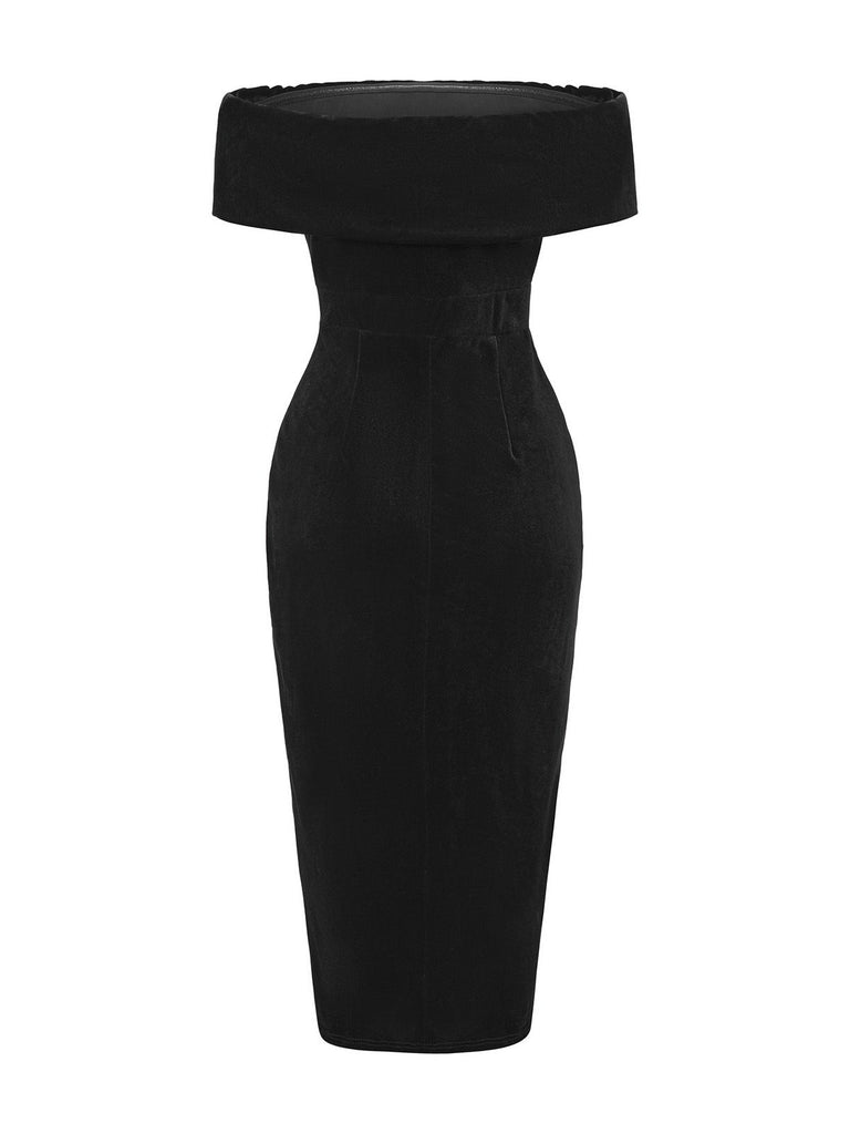 1980s Solid Velvet Off-Shoulder Midi Dress