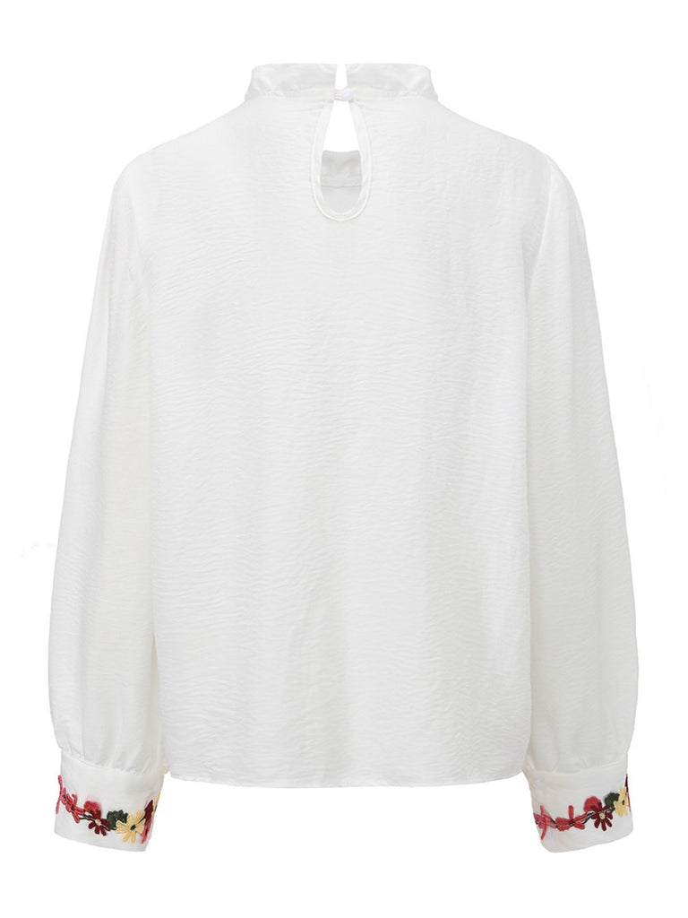 White 1930s Floral Embroidered Ruffled Collar Blouse