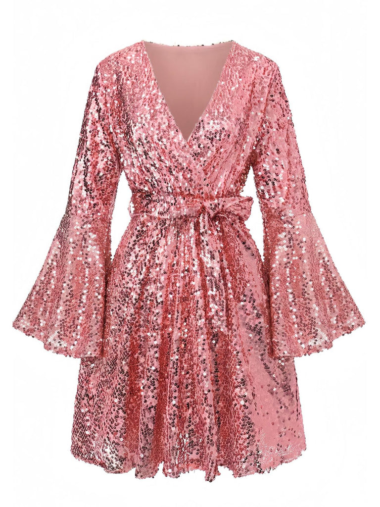 1970s V-Neck Flare Sleeve Sequined Disco Dress