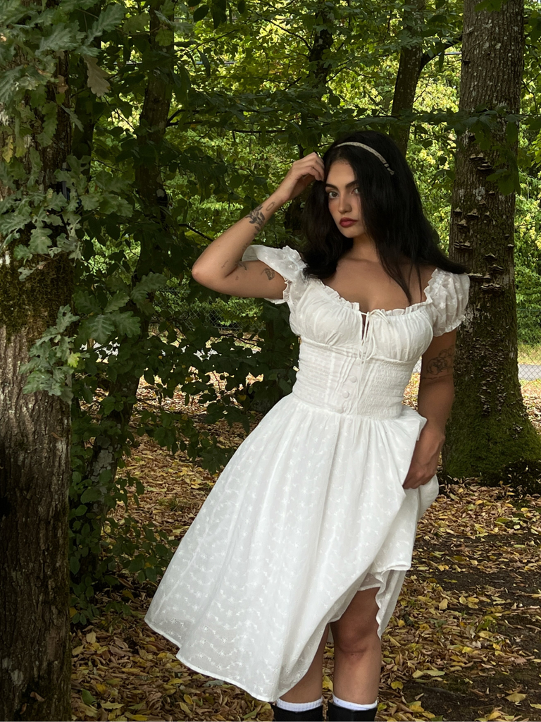 White 1940s Solid Cotton Embroidered Lace Dress