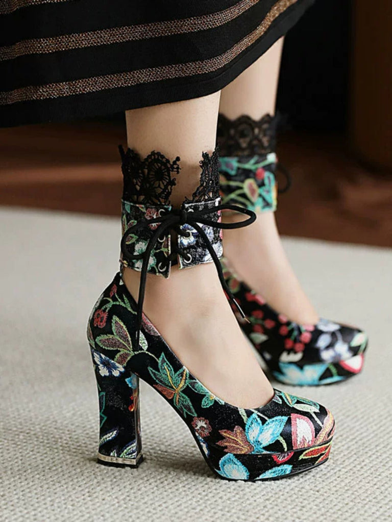 Vintage Lace-Up Embroidered Floral High Heels