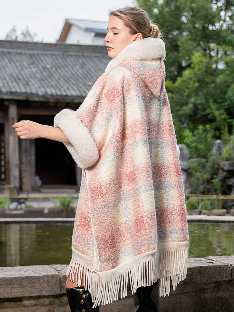 Pink 1930s Plaid Flannelette Fringed Hem Hooded Coat