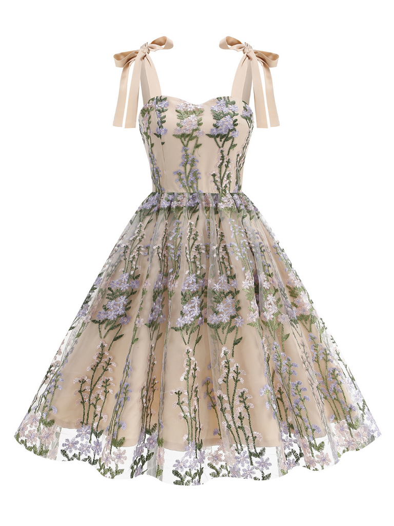 1950s Embroidered Mesh Lace-Up Sweetheart Neck Dress