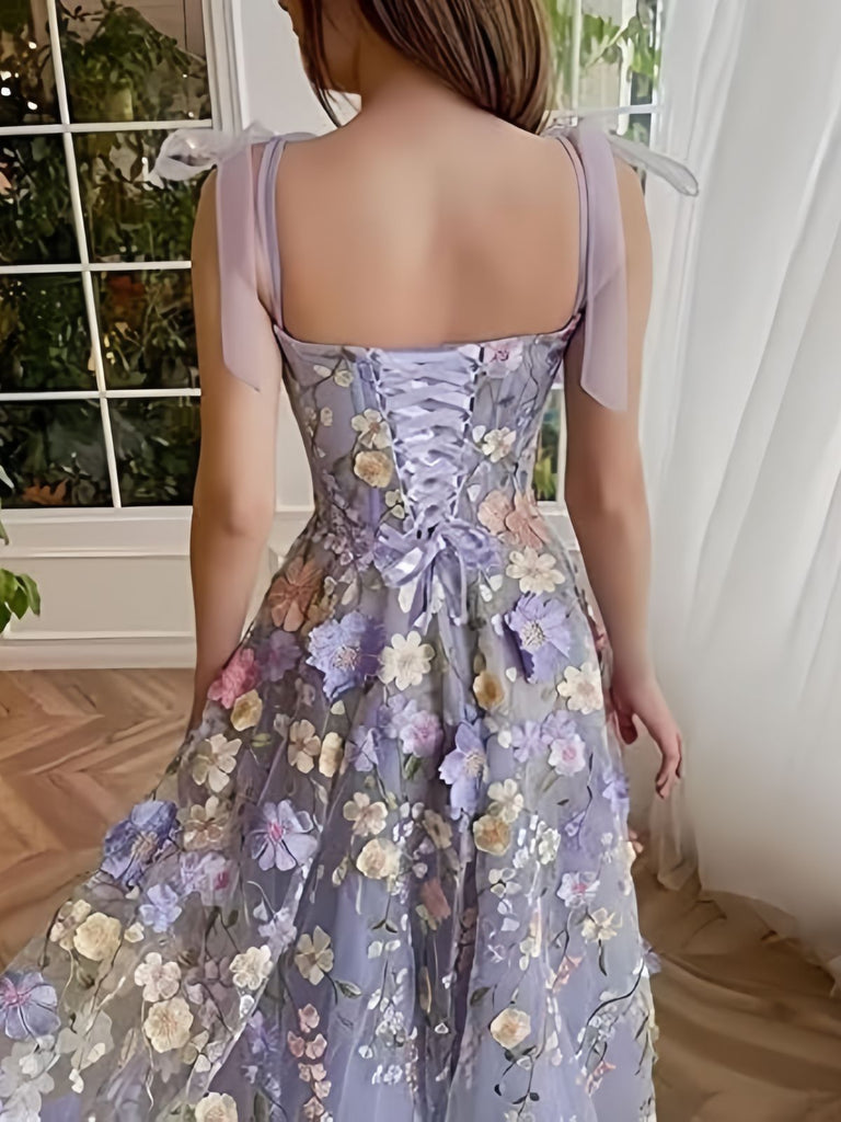 Purple 1940s 3D Floral Bow Strap Mesh Dress