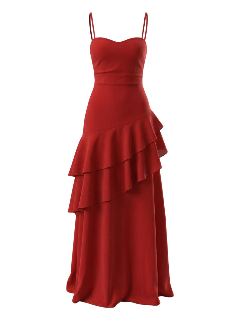 Red 1930s Solid Holiday Ruffle Backless Cami Dress