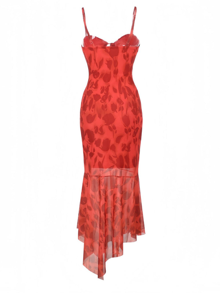 Red 1930s Spaghetti Strap Floral Dress