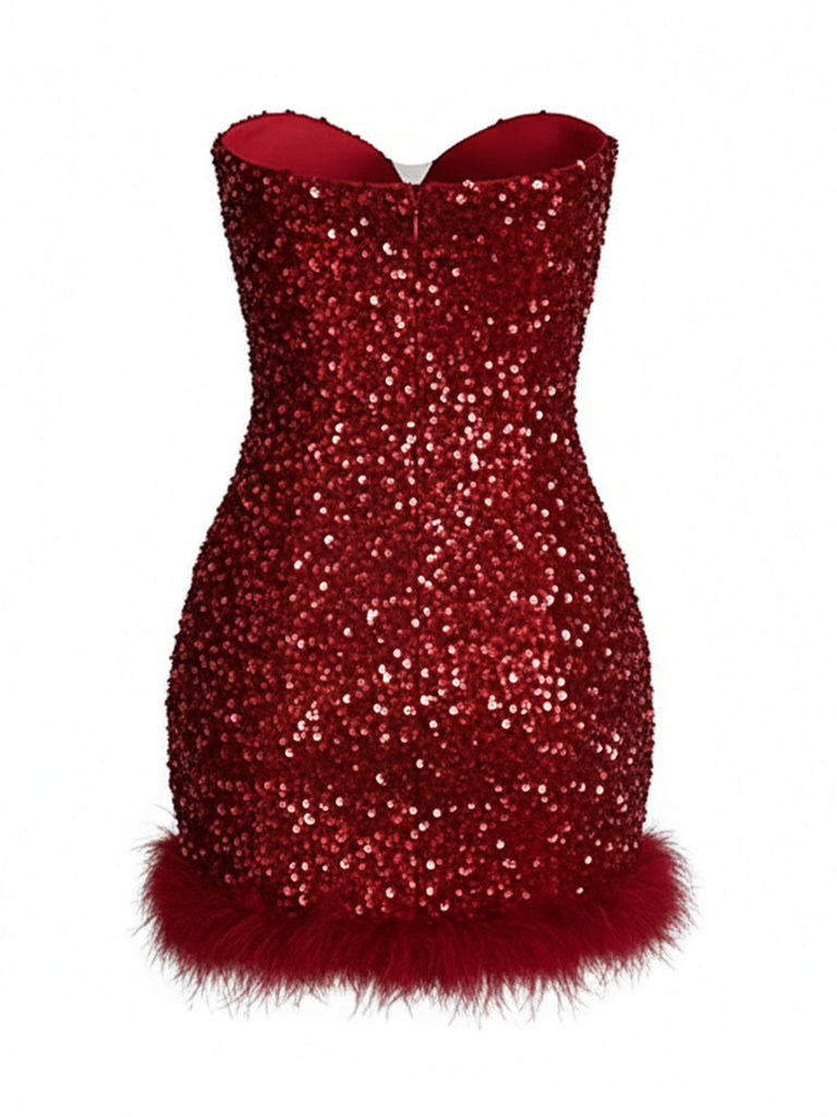 Wine Red 1980s Strapless Sequin Feather Trim Mini Dress